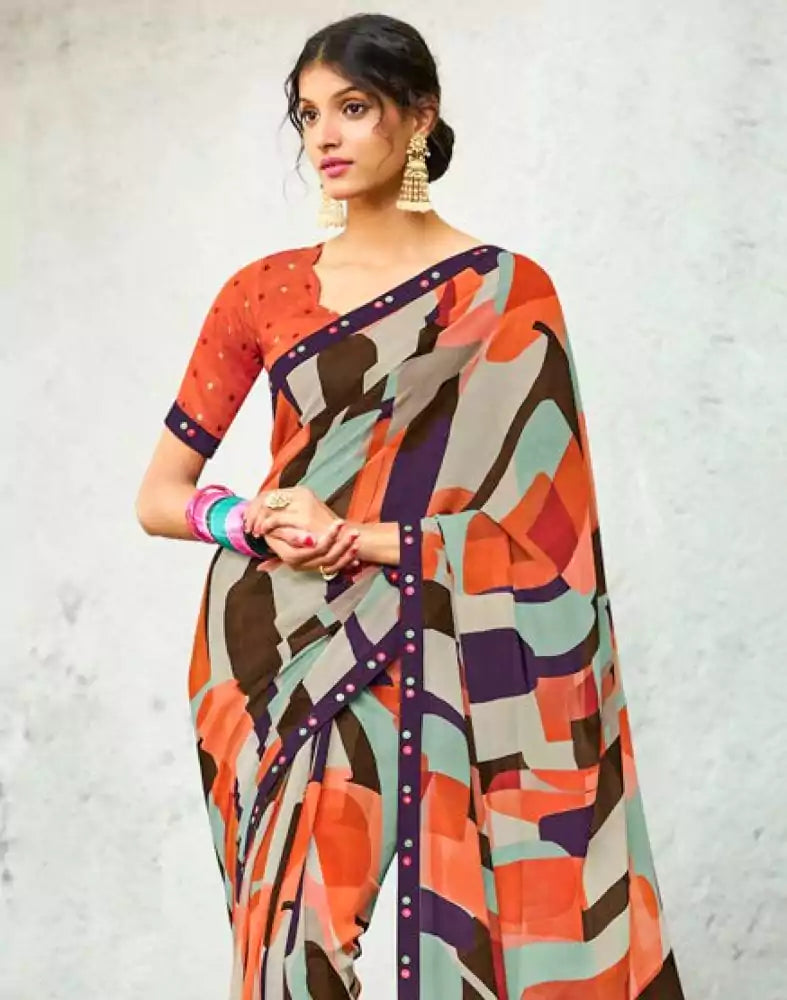 Image of Multi Color Graphic Print Chiffon Fabric Saree