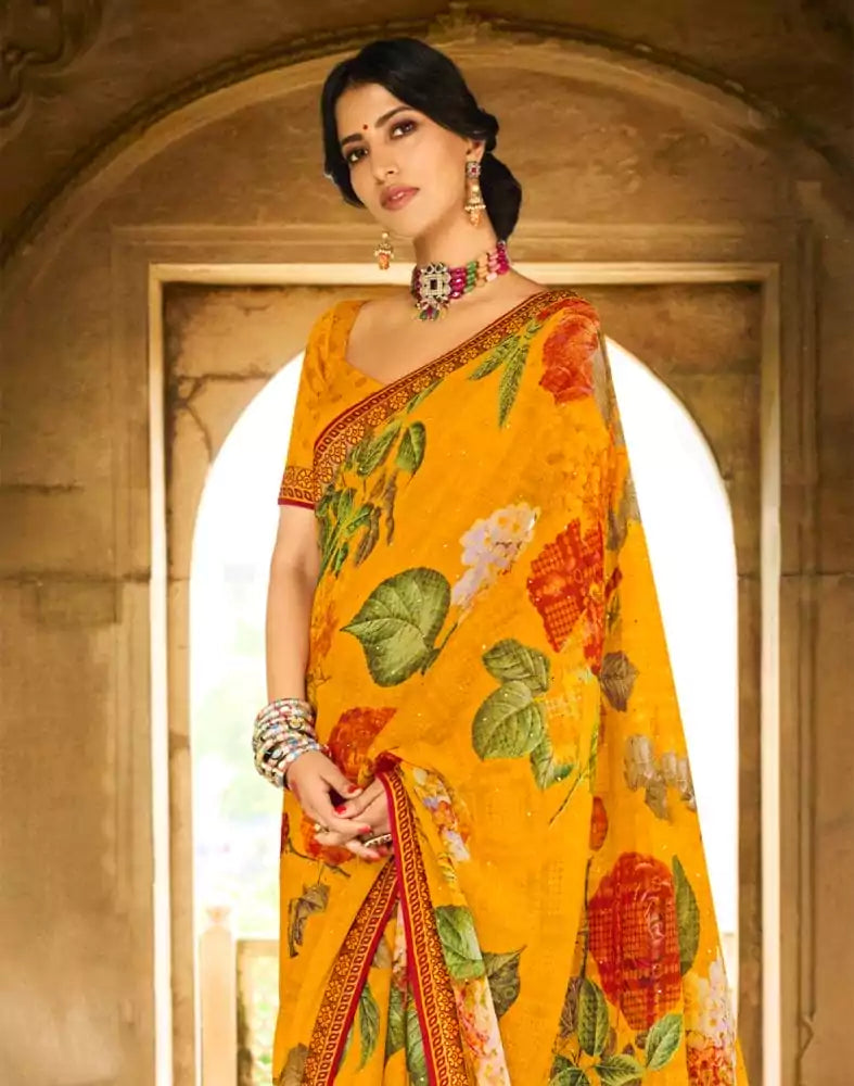 Image of Yellow Coloured Floral Pattern Print Chiffon Saree