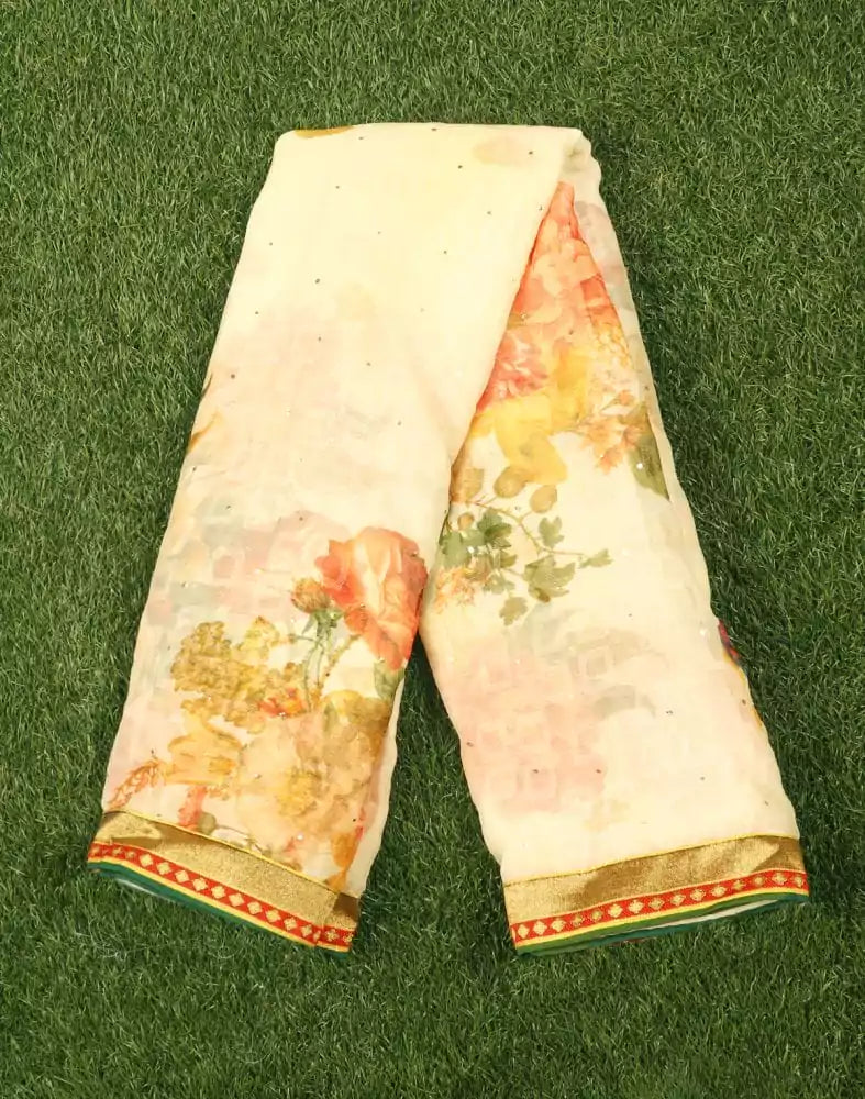 Image of Off White Floral Print Chiffon Saree