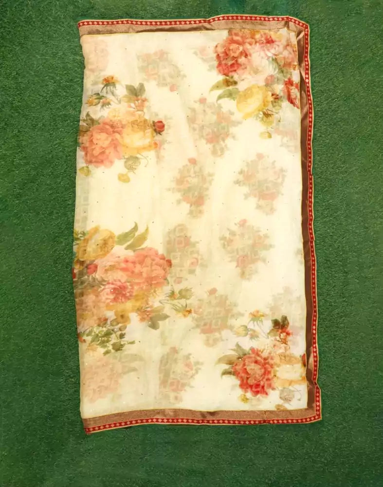 Image of Off White Floral Print Chiffon Saree