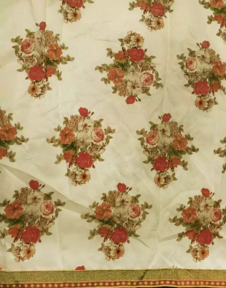 Image of Off White Floral Print Chiffon Saree