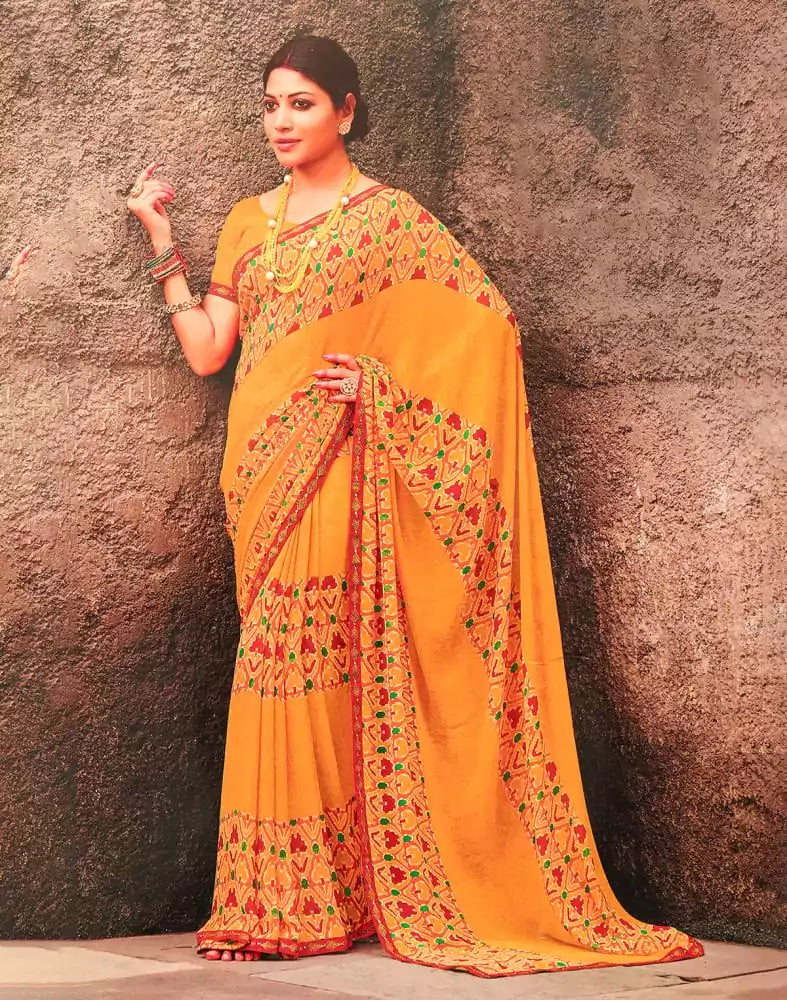 Image of Mustard Coloured Geometric Print Chiffon Saree
