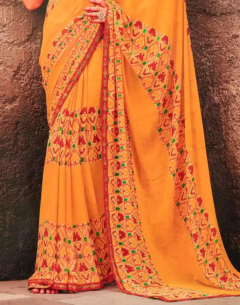Image of Mustard Coloured Geometric Print Chiffon Saree