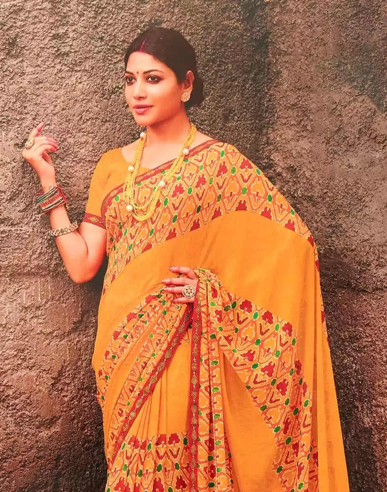 Image of Mustard Coloured Geometric Print Chiffon Saree