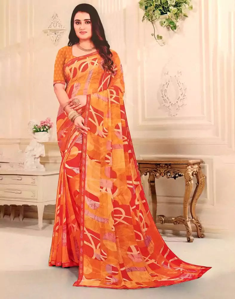 Image of Light Orange Graphic Pattern Print Chiffon Saree