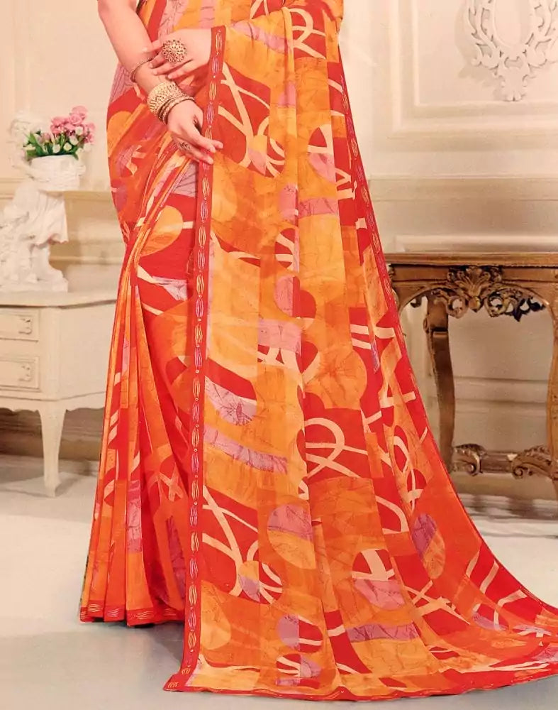 Image of Light Orange Graphic Pattern Print Chiffon Saree