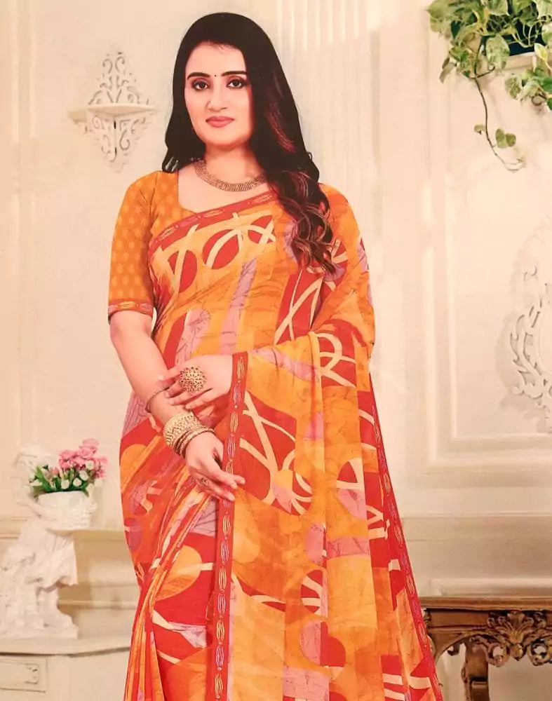 Image of Light Orange Graphic Pattern Print Chiffon Saree