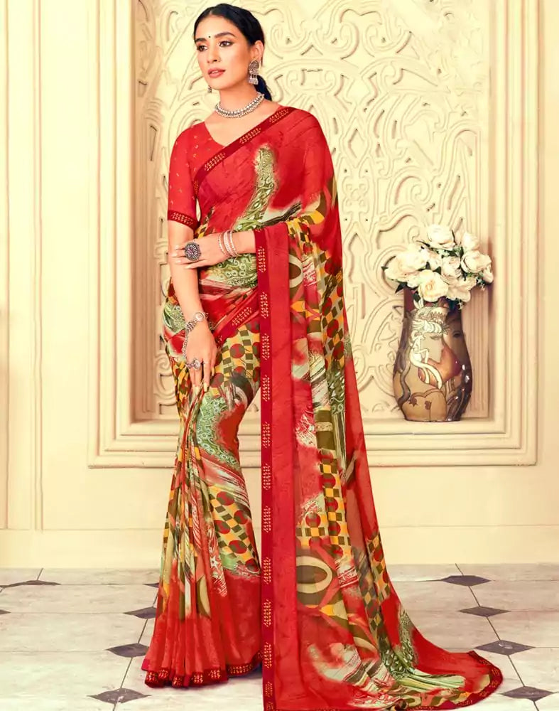 Image of Red Graphic Print Chiffon Fabric Saree
