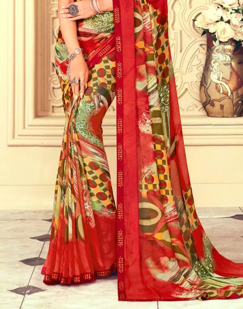 Image of Red Graphic Print Chiffon Fabric Saree