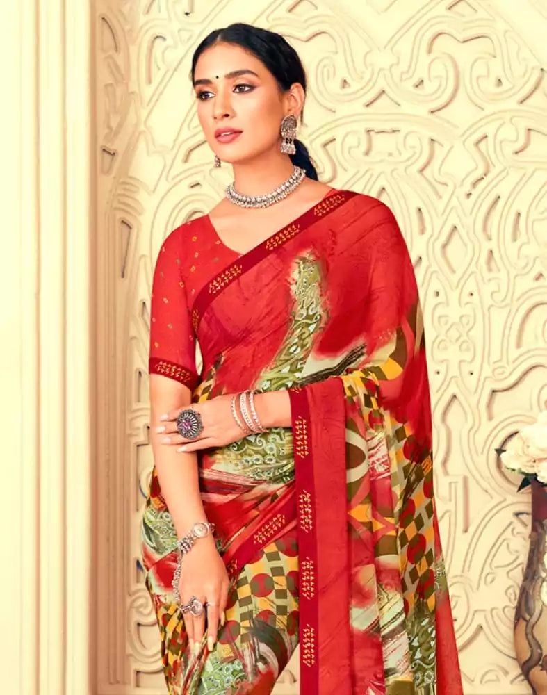 Image of Red Graphic Print Chiffon Fabric Saree