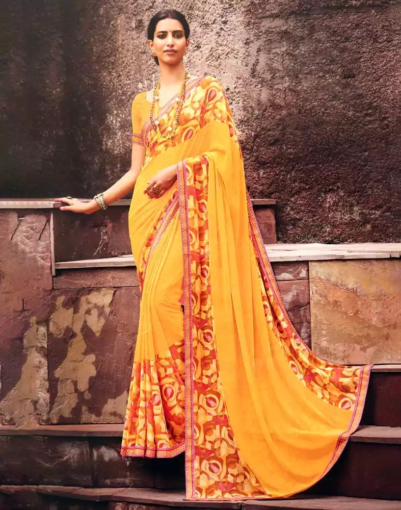 Image of Mustard Self Design Print Chiffon Saree