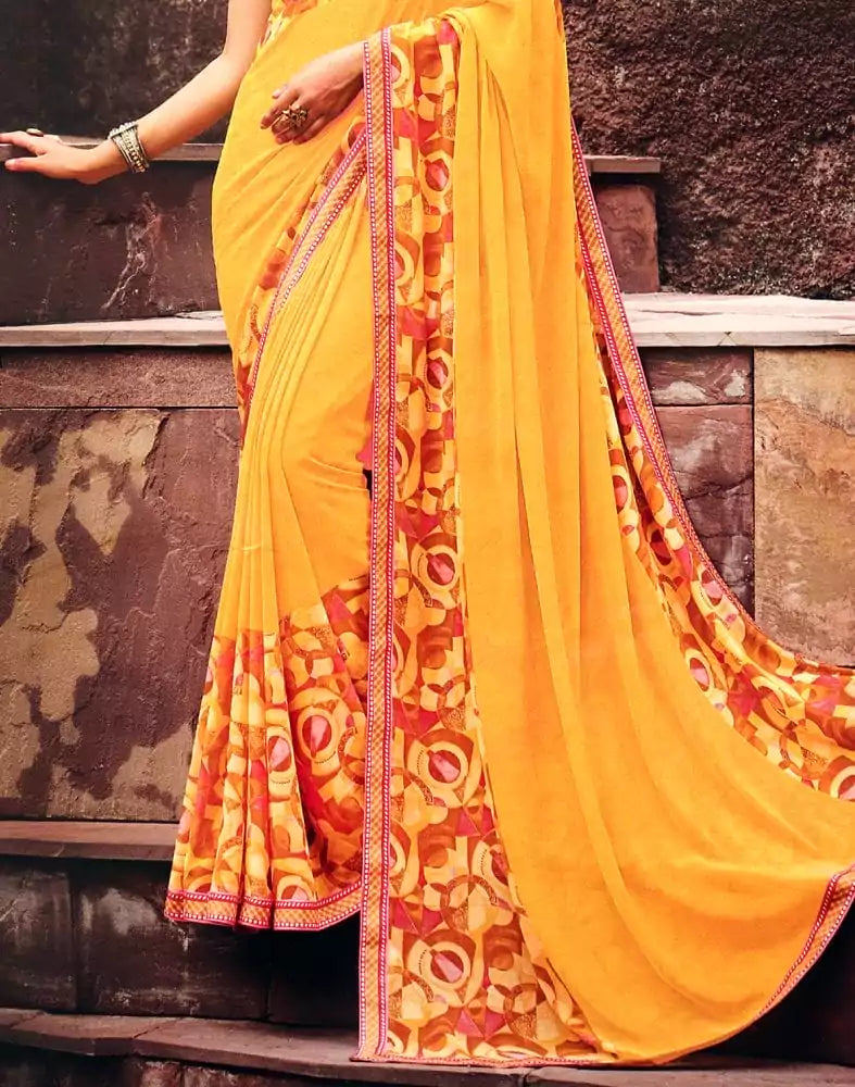 Image of Mustard Self Design Print Chiffon Saree