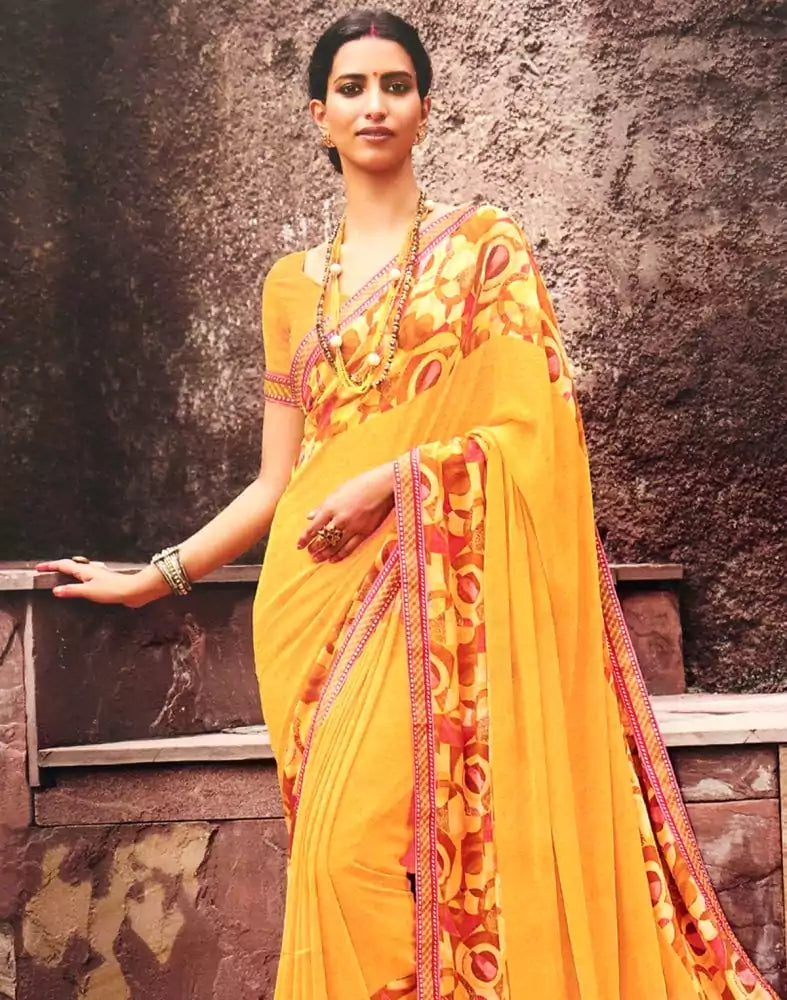 Image of Mustard Self Design Print Chiffon Saree