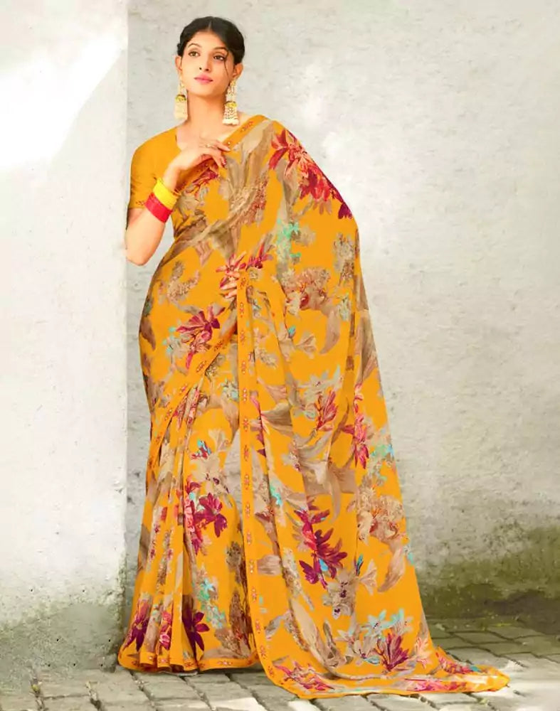 Image of Mustard Floral Print Chiffon Fabric Saree