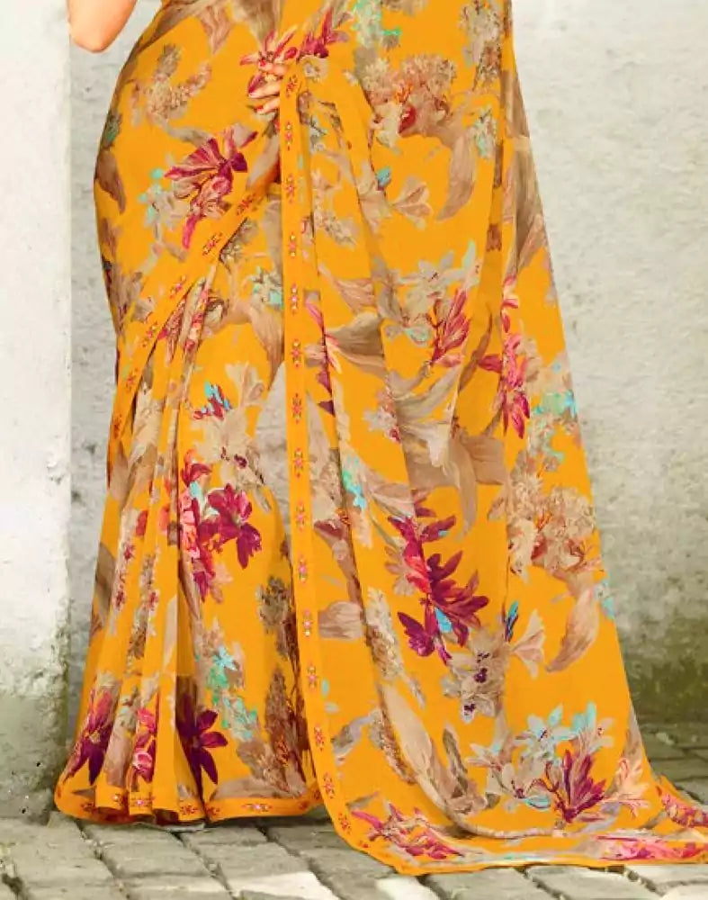 Image of Mustard Floral Print Chiffon Fabric Saree