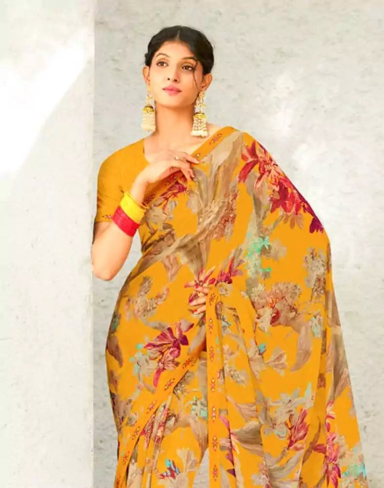 Image of Mustard Floral Print Chiffon Fabric Saree