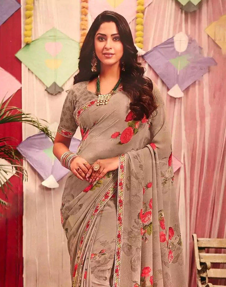 Image of Light Grey Floral Pattern Print Chiffon Saree
