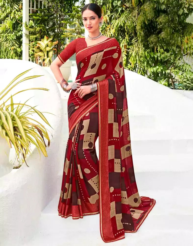 Image of Maroon Checkered Print Chiffon Saree