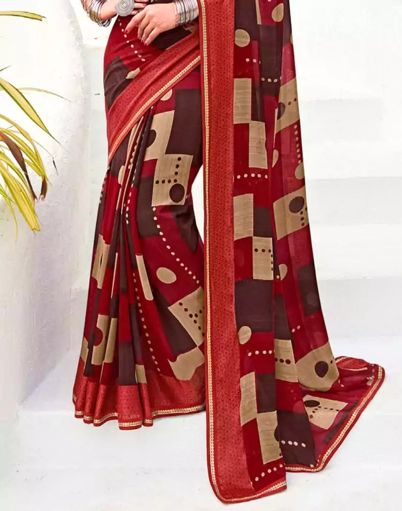 Image of Maroon Checkered Print Chiffon Saree