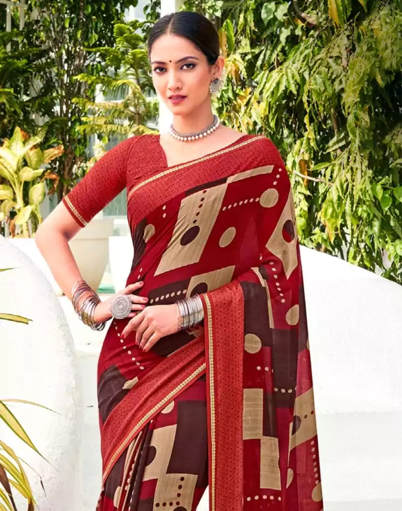 Image of Maroon Checkered Print Chiffon Saree
