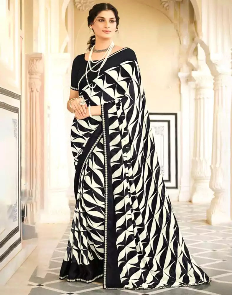 Image of Black Graphic Print Chiffon Saree