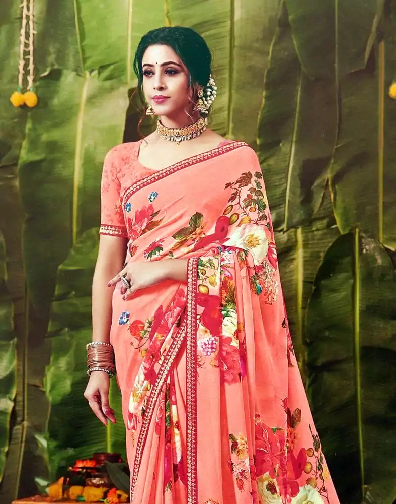 Image of Peach Floral Pattern Print Chiffon Fabric Saree