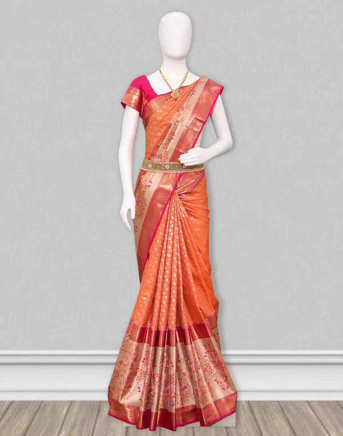 Image of Orange Kanchi Pattu Silk Saree