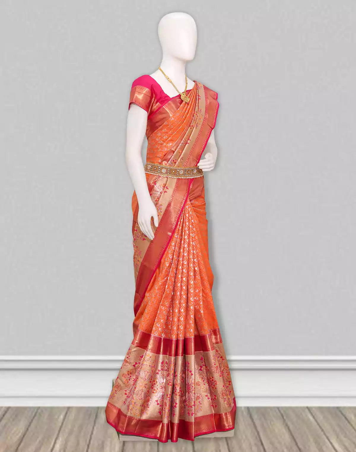 Image of Orange Kanchi Pattu Silk Saree