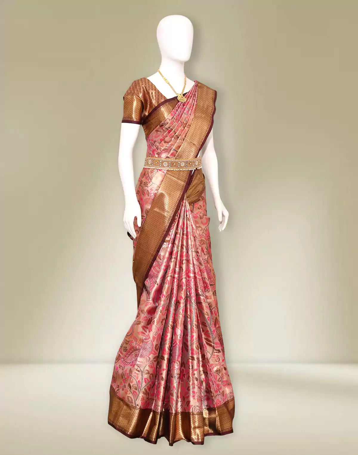 Image of Light Pink Floral Kanchi Tissue Padiya Pattu Saree