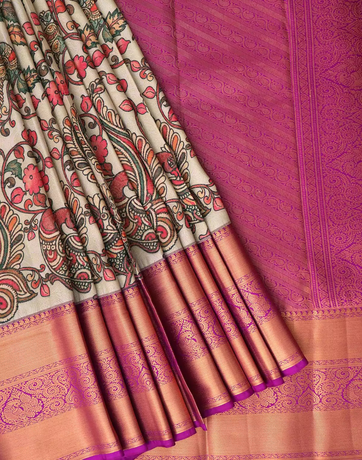 Image of Cream all over Kalamkari Print with Zari Contrast Border Saree