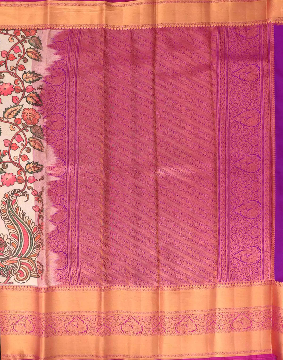 Image of Cream all over Kalamkari Print with Zari Contrast Border Saree