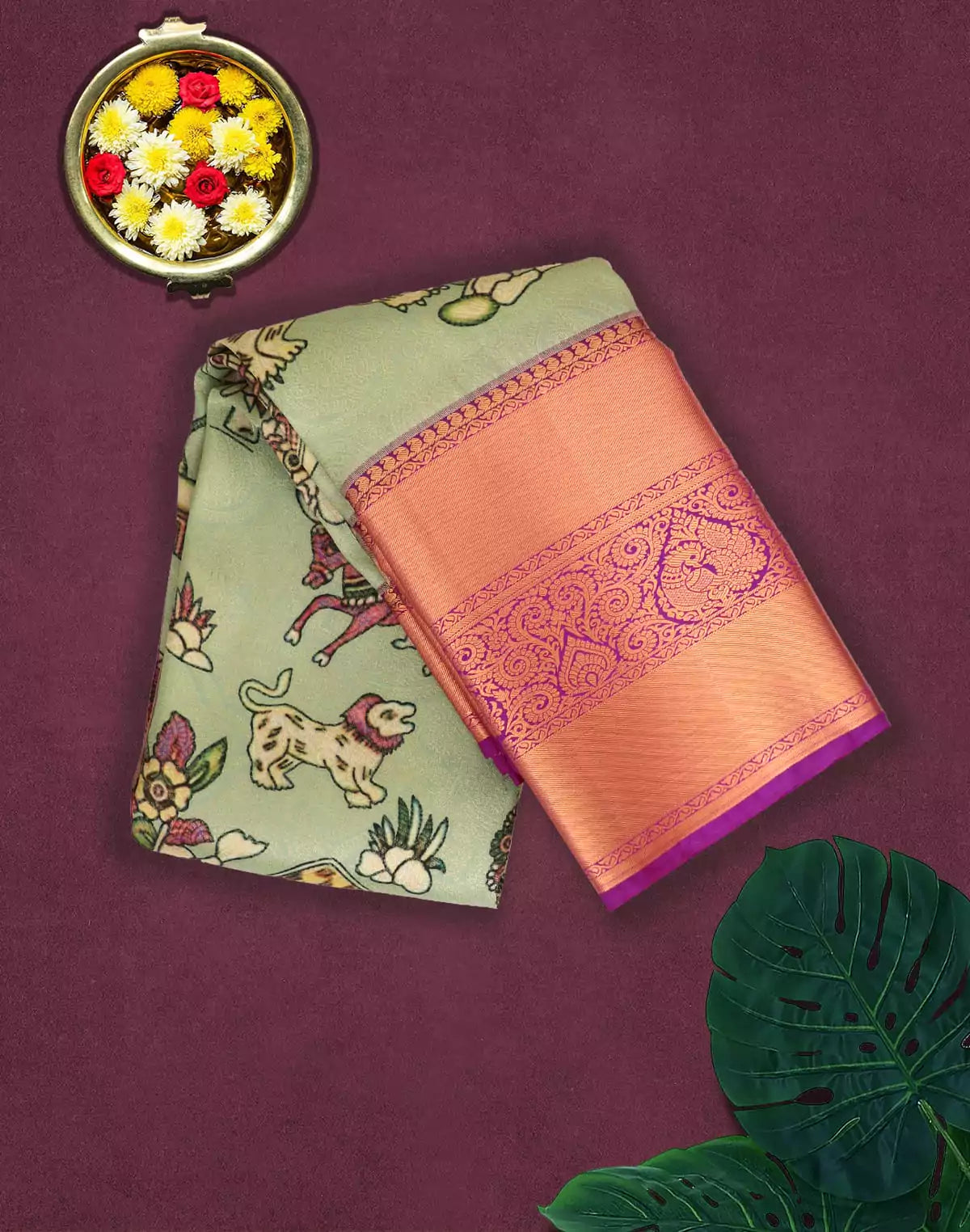 Image of Pista Green Kanchi Kalamkari Print Silk Saree