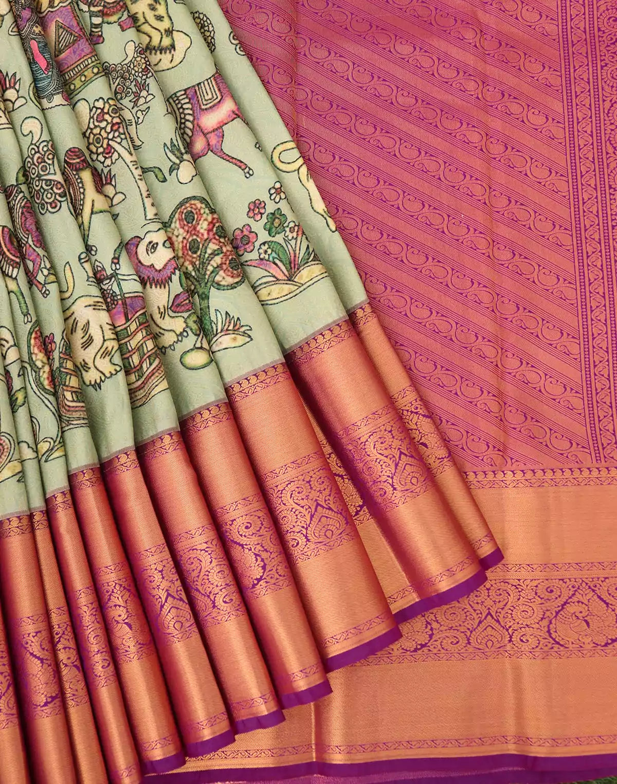 Image of Pista Green Kanchi Kalamkari Print Silk Saree