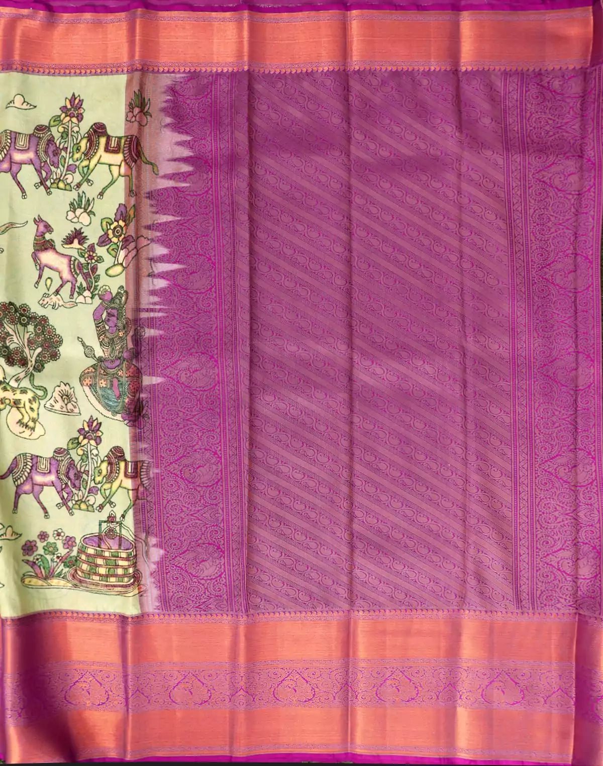 Image of Pista Green Kanchi Kalamkari Print Silk Saree