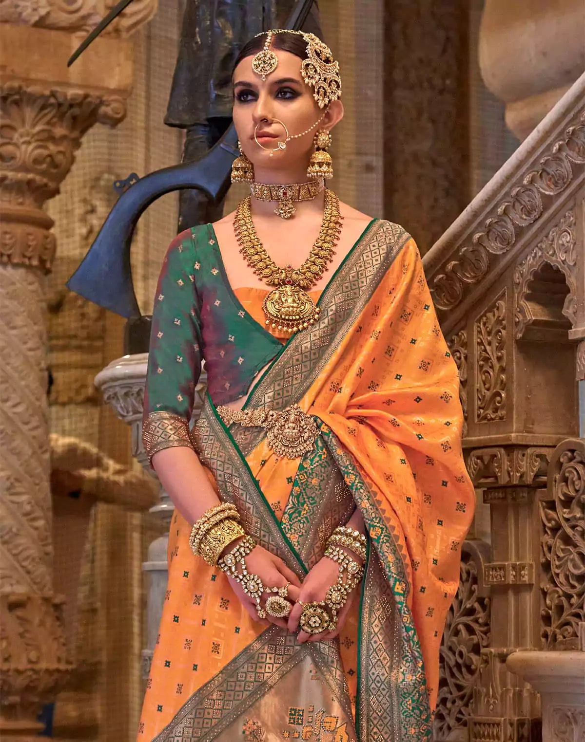 Image of Orange Banaras Silk Stones work Saree