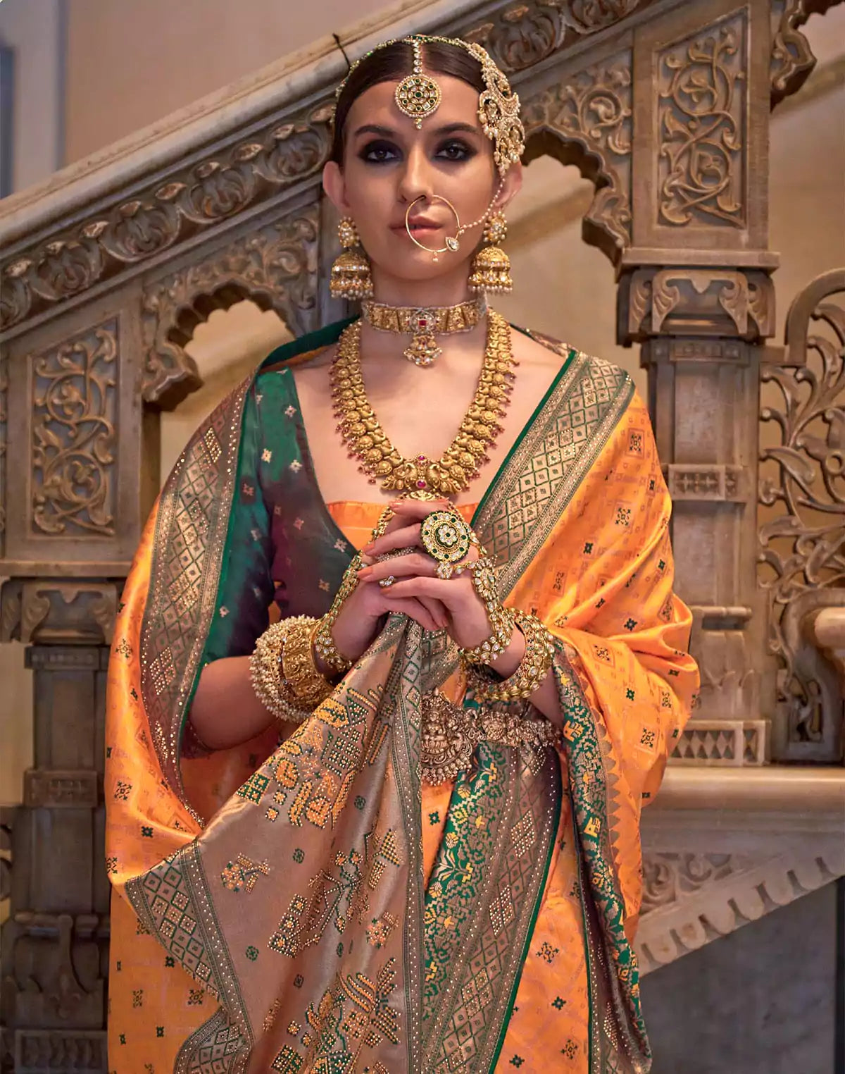 Image of Orange Banaras Silk Stones work Saree