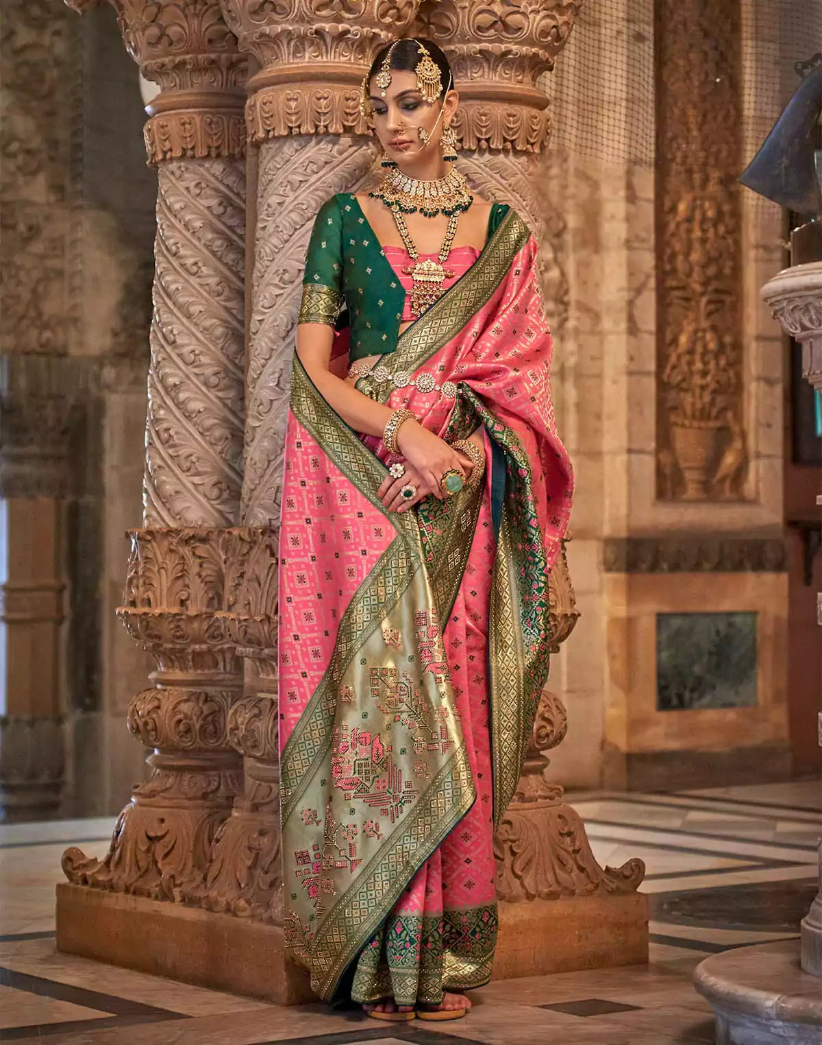 Image of Bright Peach Stones work Banaras Silk Saree