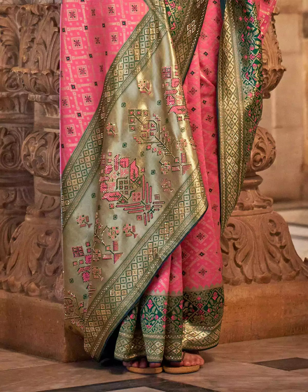 Image of Bright Peach Stones work Banaras Silk Saree