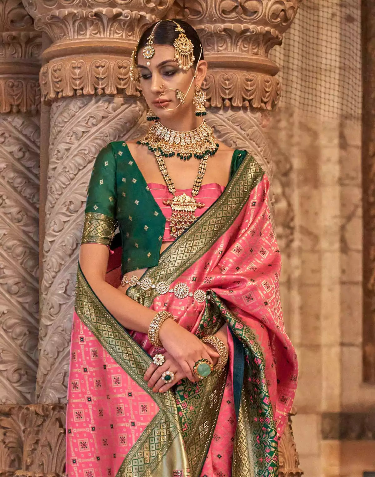 Image of Bright Peach Stones work Banaras Silk Saree