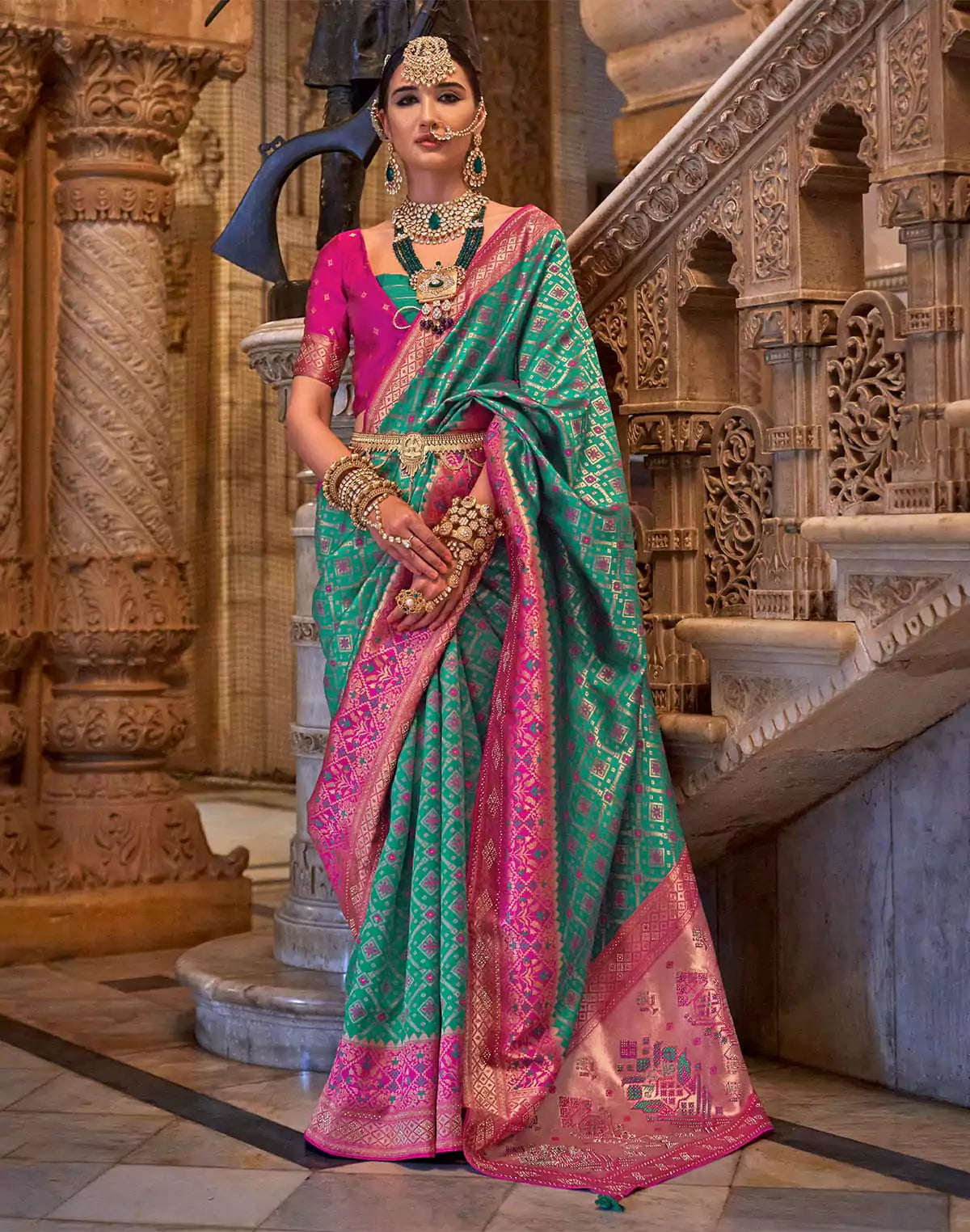 Image of Green Woven Design Stones work Banaras Silk Saree