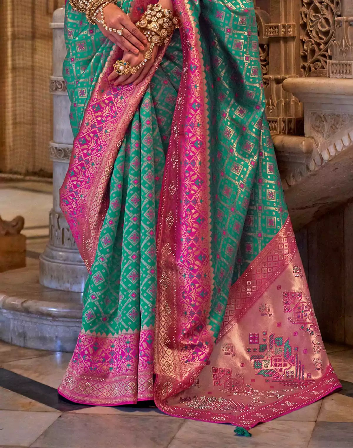 Image of Green Woven Design Stones work Banaras Silk Saree