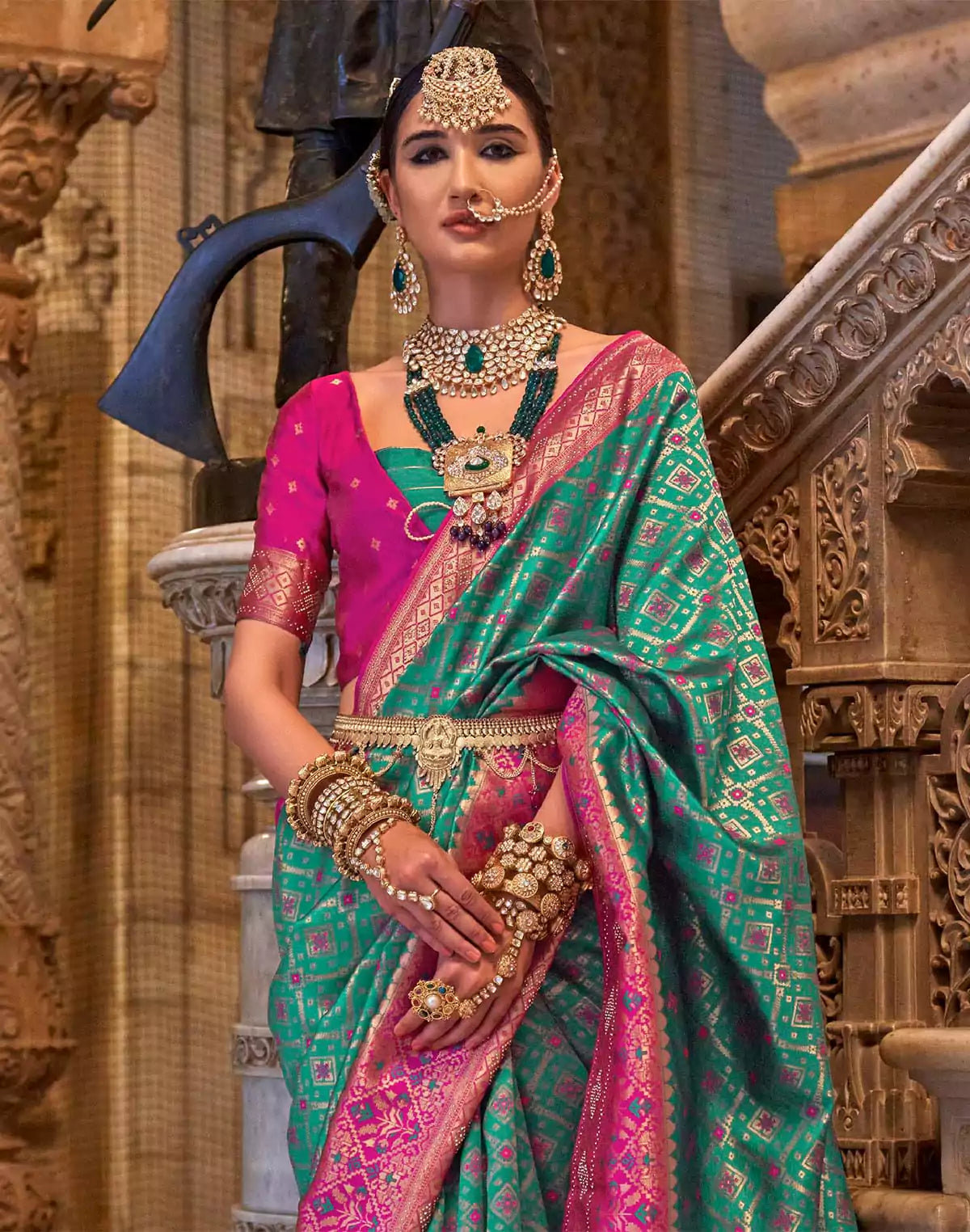Image of Green Woven Design Stones work Banaras Silk Saree