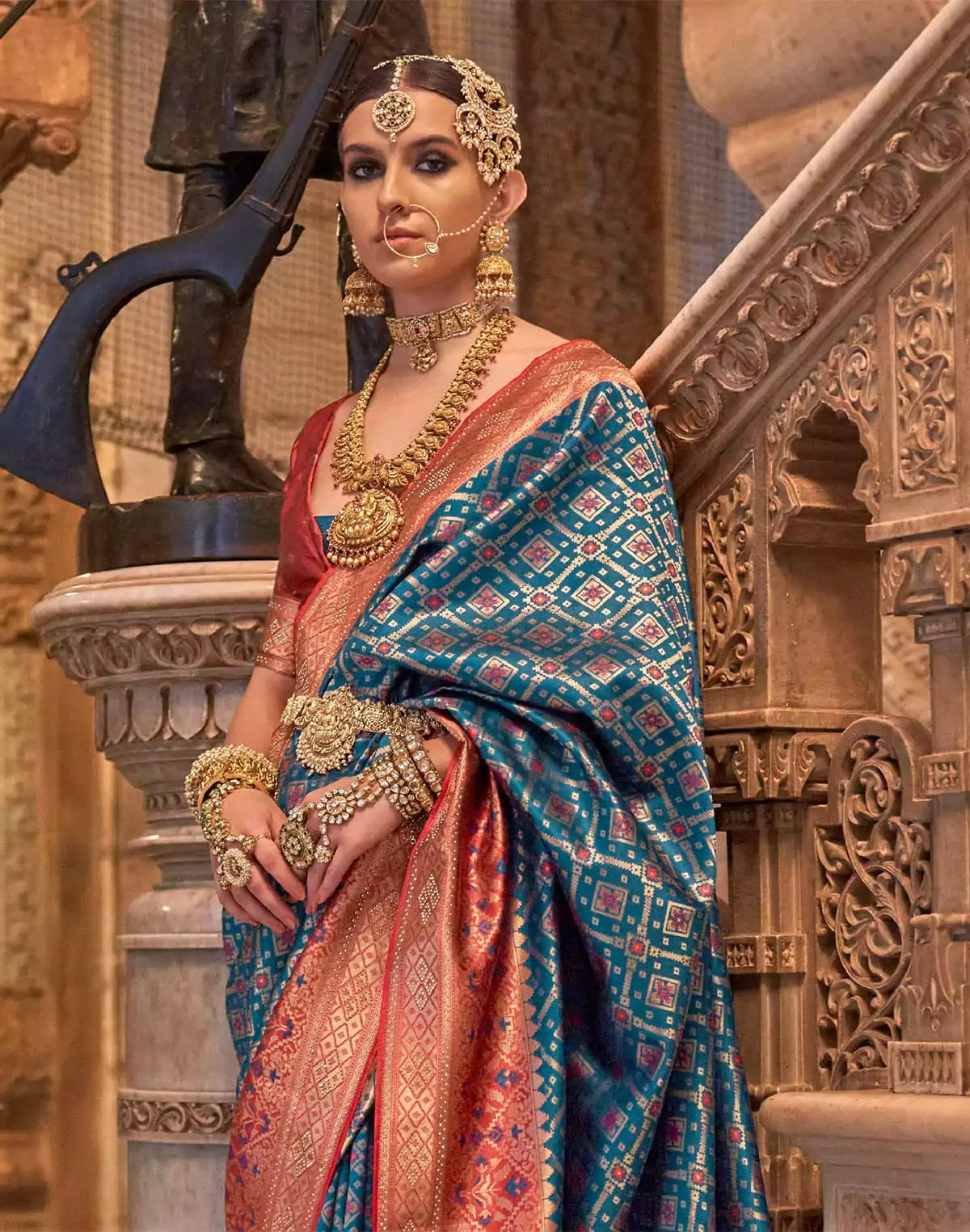 Image of Steel Blue Floral Stones work Banaras Silk Saree