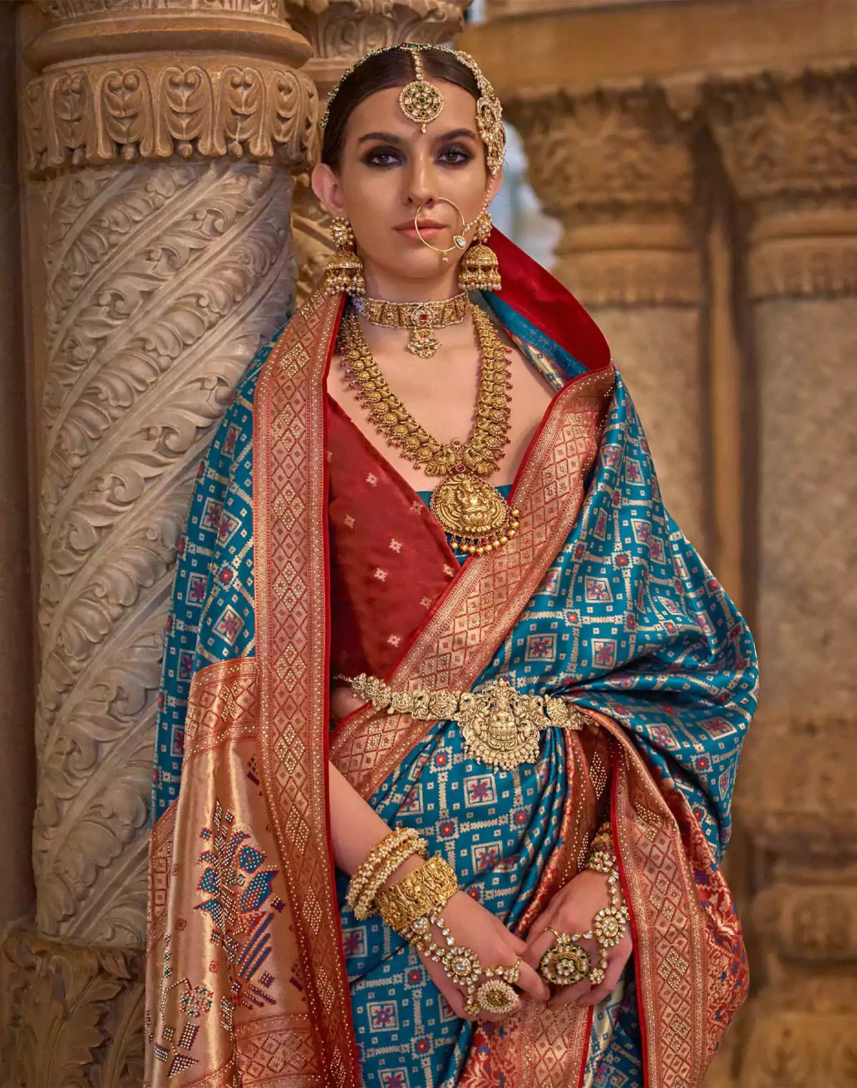Image of Steel Blue Floral Stones work Banaras Silk Saree