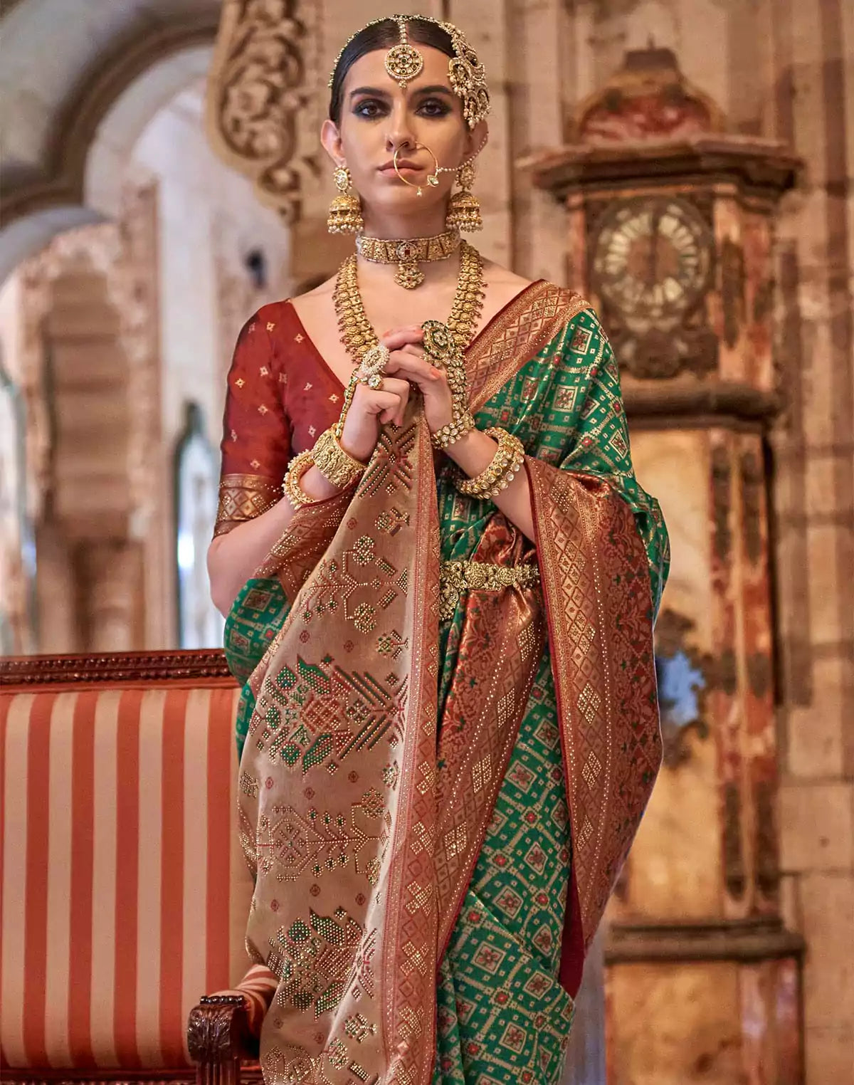 Image of Bottle Green Banaras Silk Stones work Saree