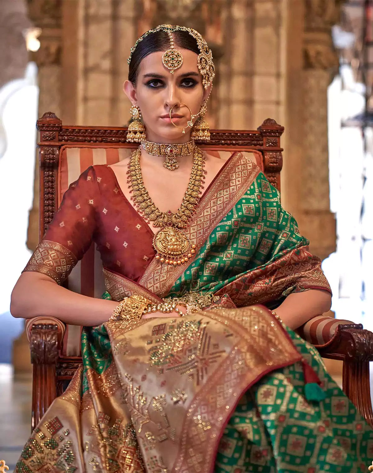 Image of Bottle Green Banaras Silk Stones work Saree