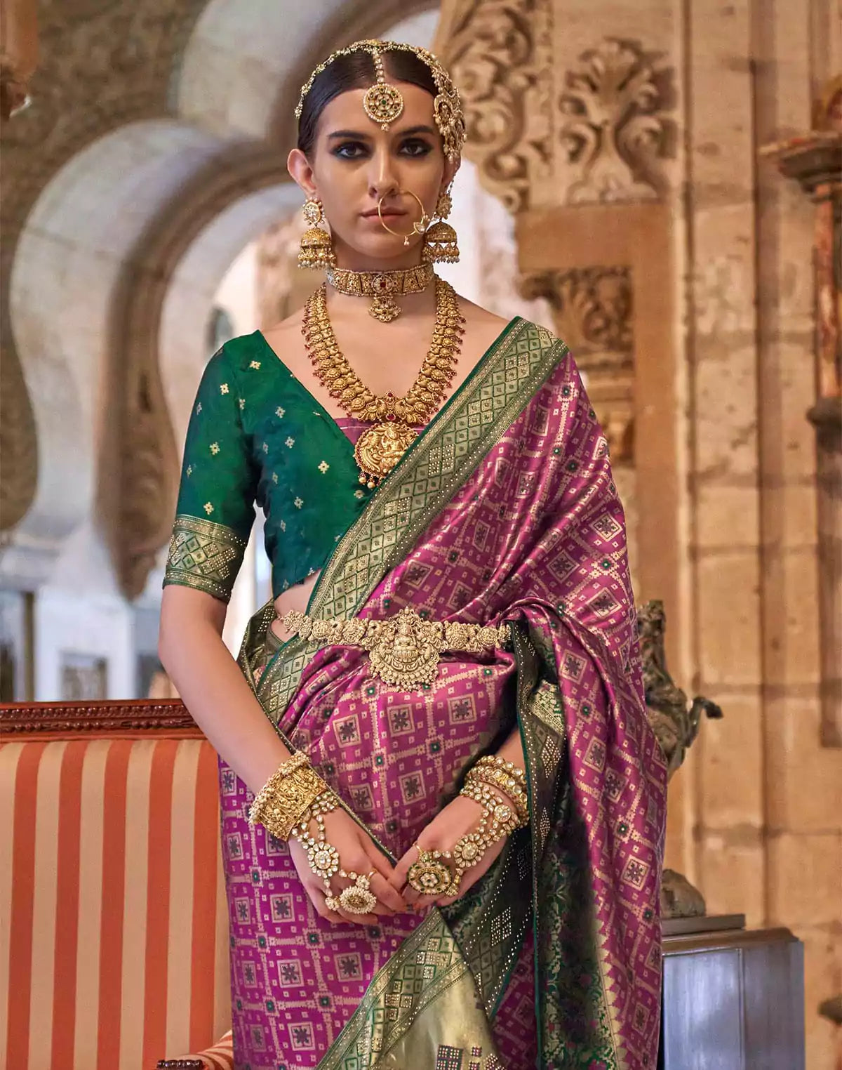 Image of Purple Floral Stylish Banaras Silk Stones work Saree