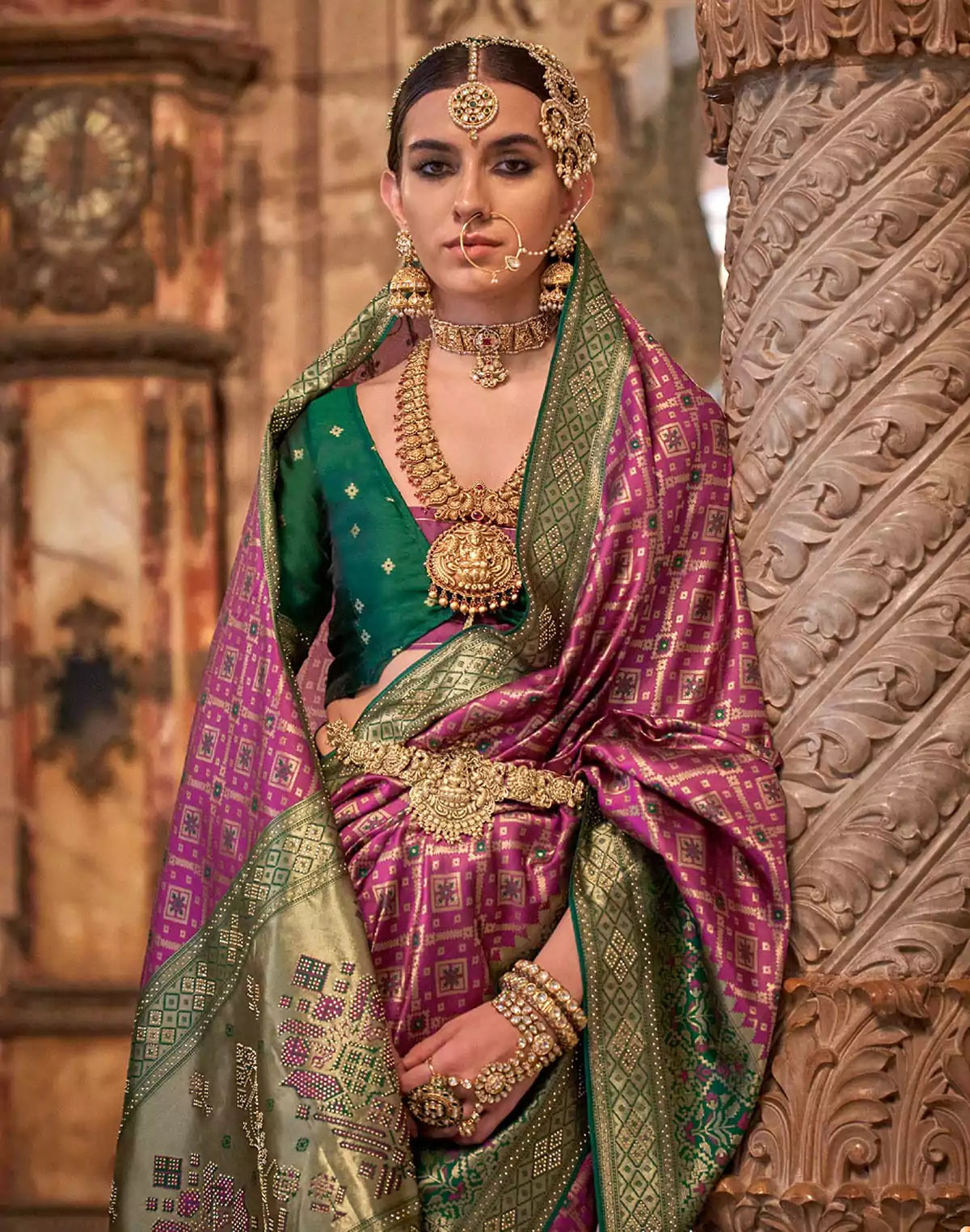 Image of Purple Floral Stylish Banaras Silk Stones work Saree