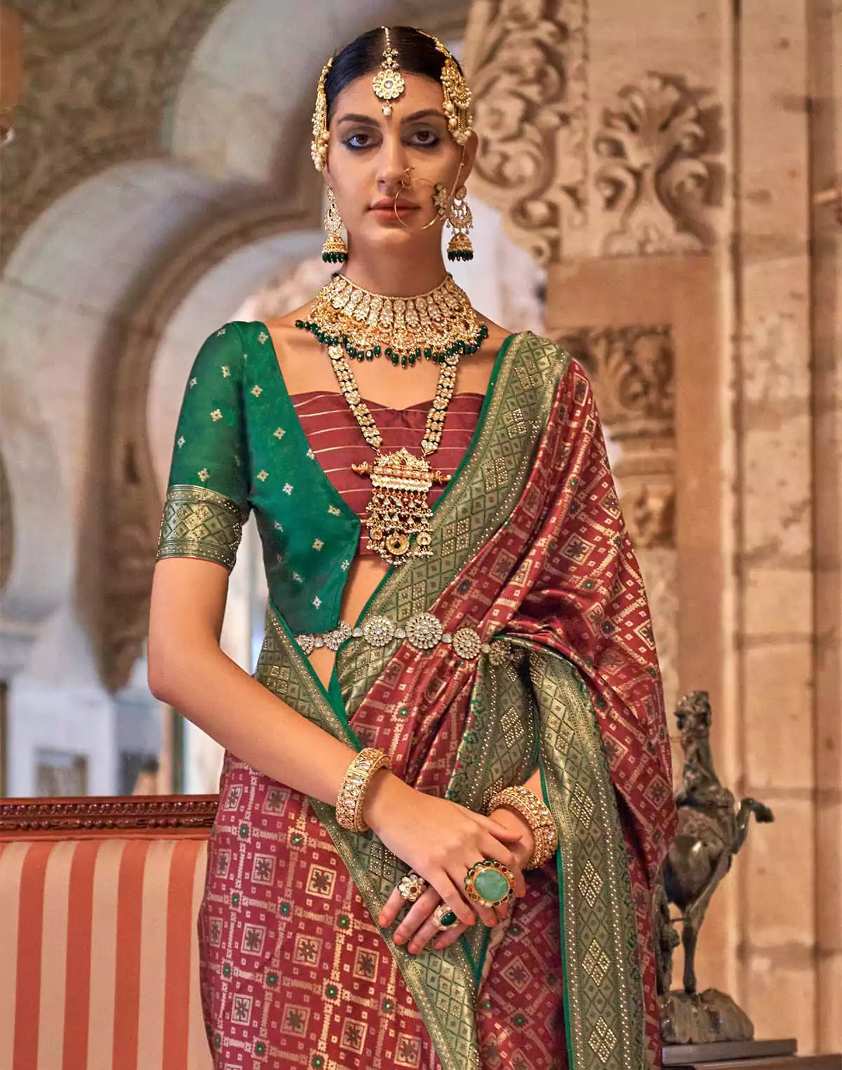 Image of Royal Maroon Stones work Banaras Silk Saree