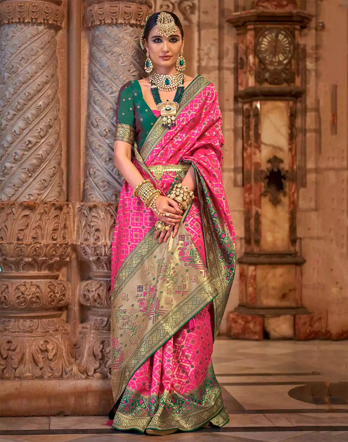 Image of Pink Banaras Silk Stones work Fancy Saree